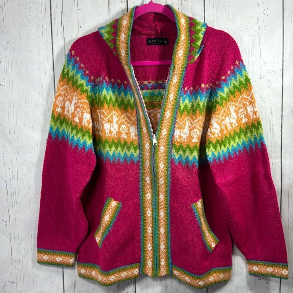 Alpaca Fina 100% Alpaca Handmade Peru Hooded Zip Sweater Cardigan Cozy Winter